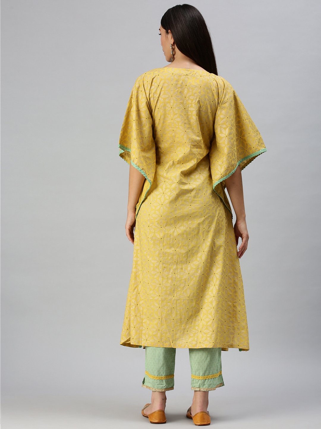 Showoff Women's Yellow Kaftan Calf Length Kurta and Trousers