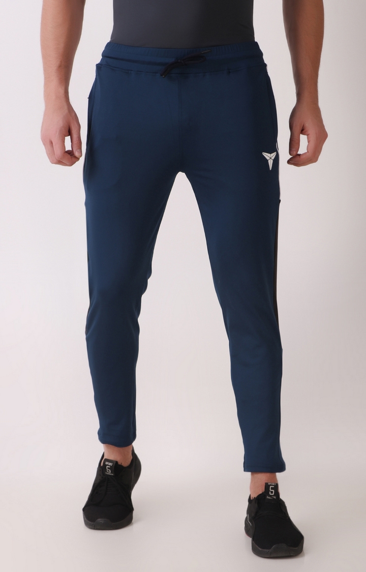 GYMYARD Men's Workout Slim Fit Lycra Navy Blue Trackpant with Zipper Pockets