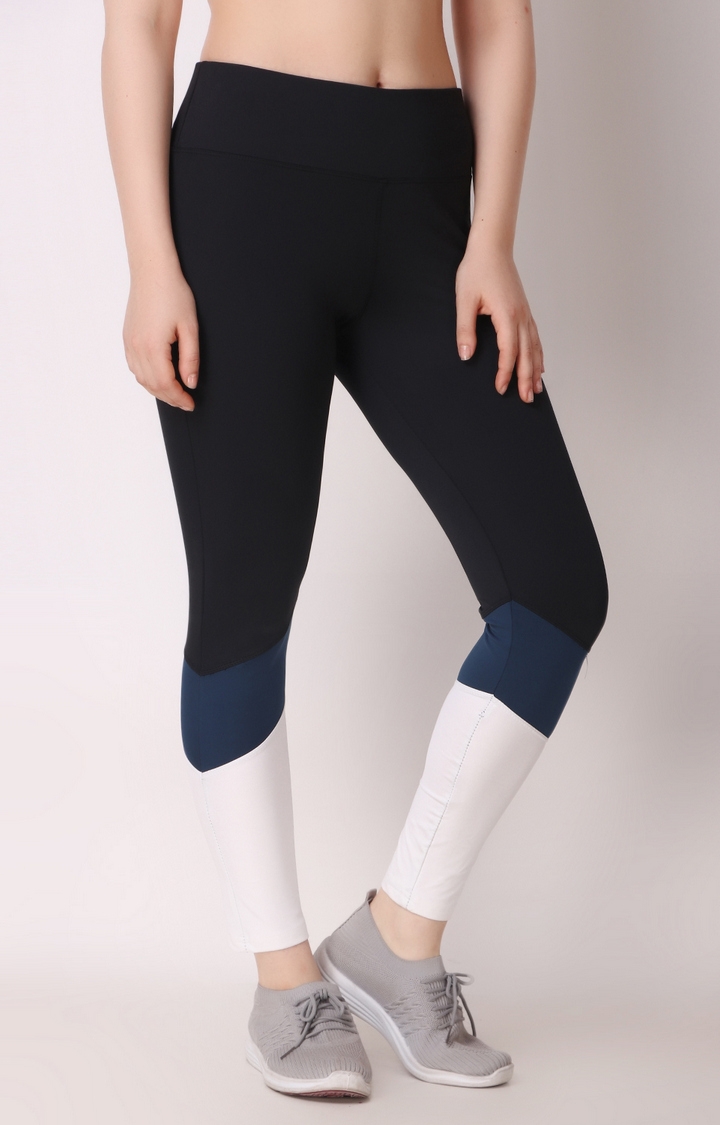 GYMYARD High Waist Gym, Yoga, Sports and Casual Skinny Navy Blue-White Tights for Women's