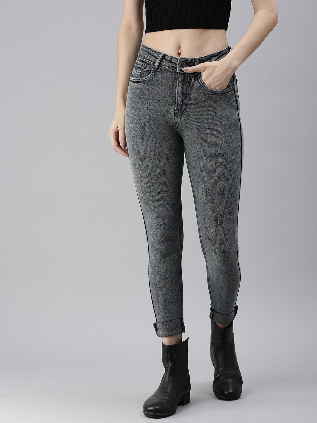 SHOWOFF Women's Mildly Distressed Grey Skinny Fit Denim Jeans