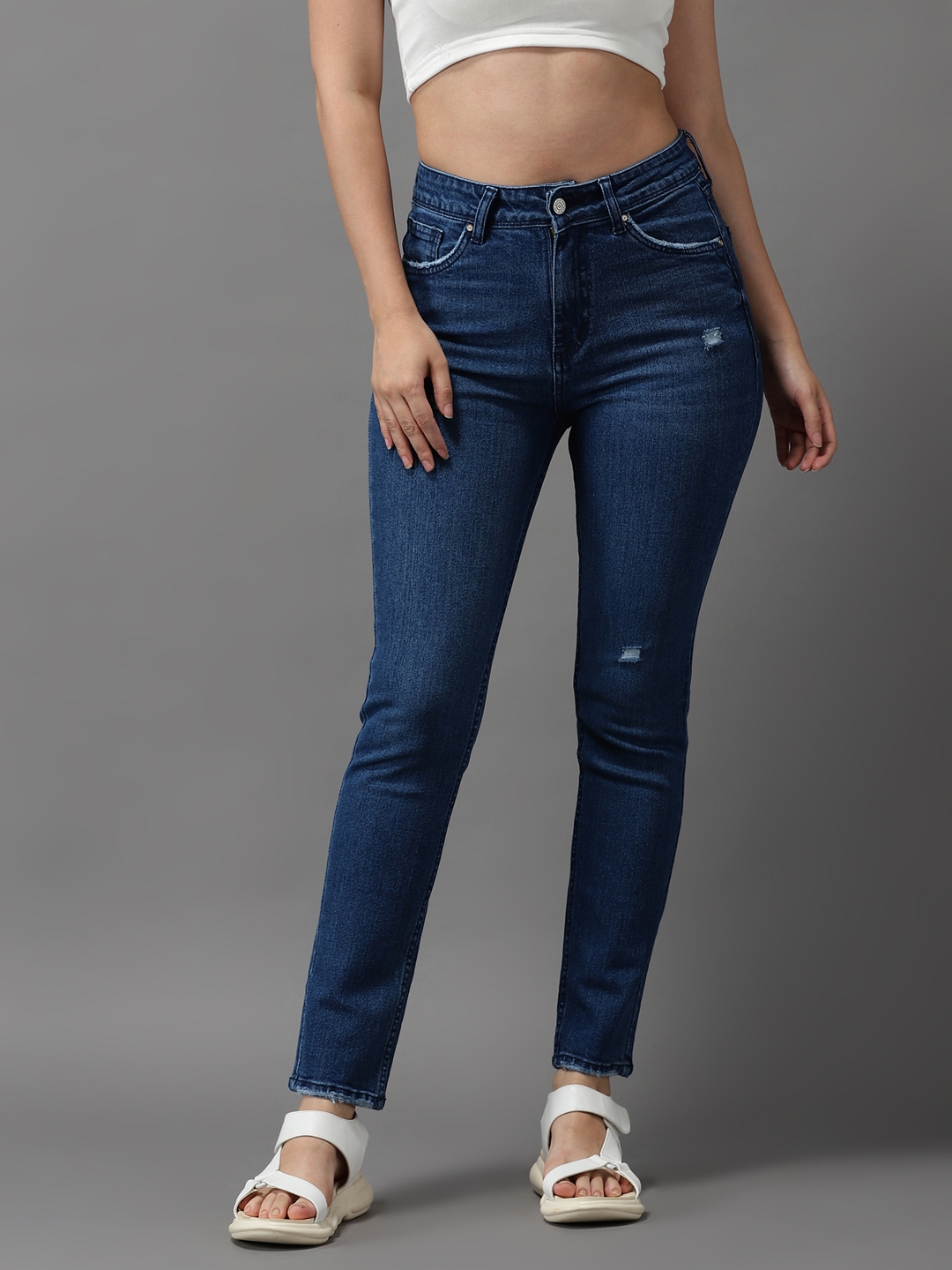 Showoff | SHOWOFF Women's High-Rise Navy Blue Low Distress Jeans