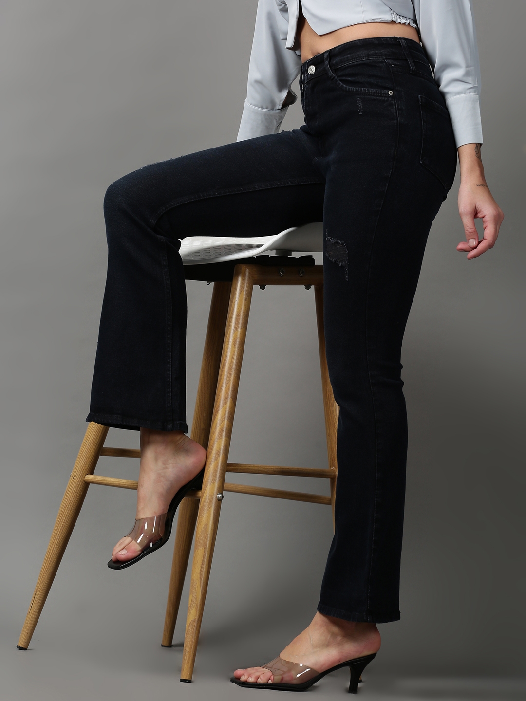 SHOWOFF Women's Mildly Distressed Bootcut Black Denim Jeans