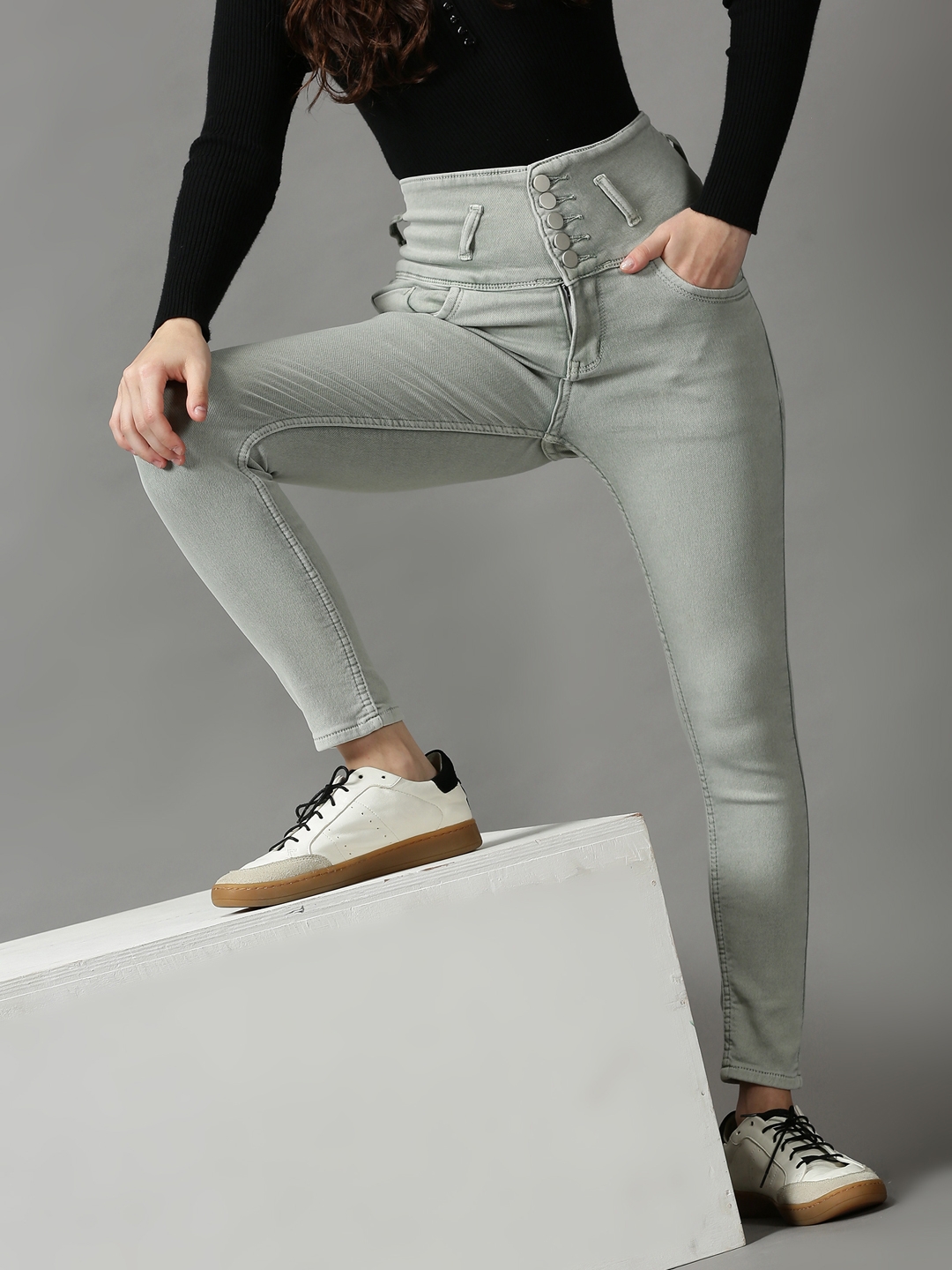 SHOWOFF Women's Clean Look Skinny Fit Green Denim Jeans