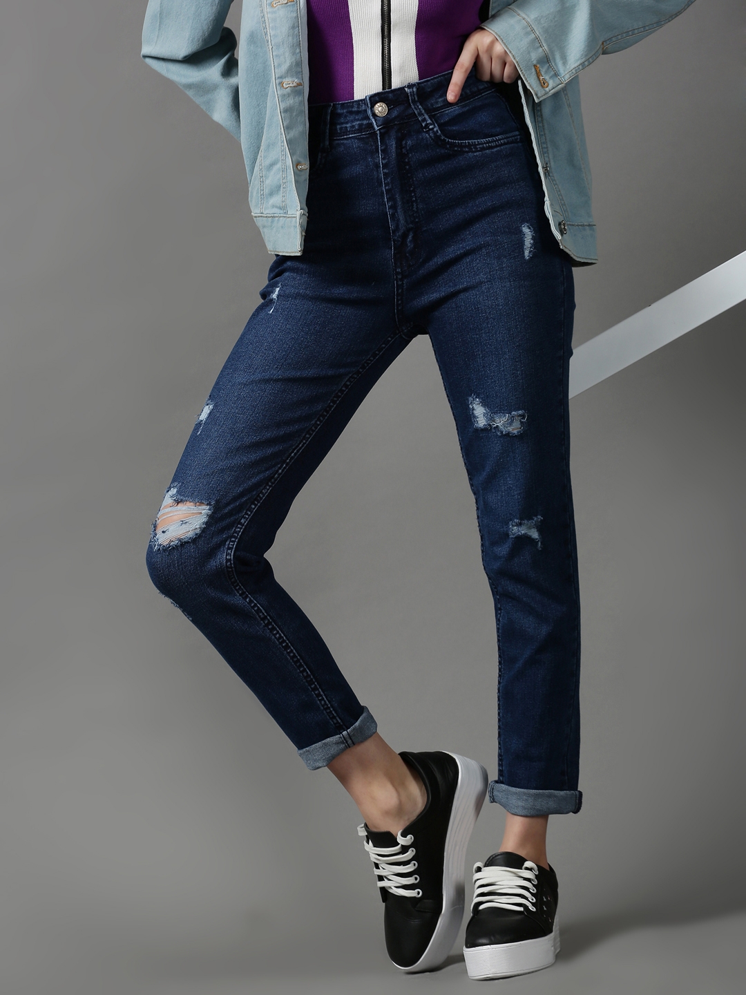 SHOWOFF Women's Mildly Distressed Slim Fit Navy Blue Denim Jeans