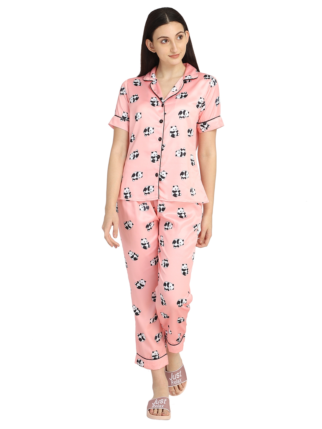 Smarty Pants | Smarty Pants women's silk satin pink color panda print lapel collar night suit.