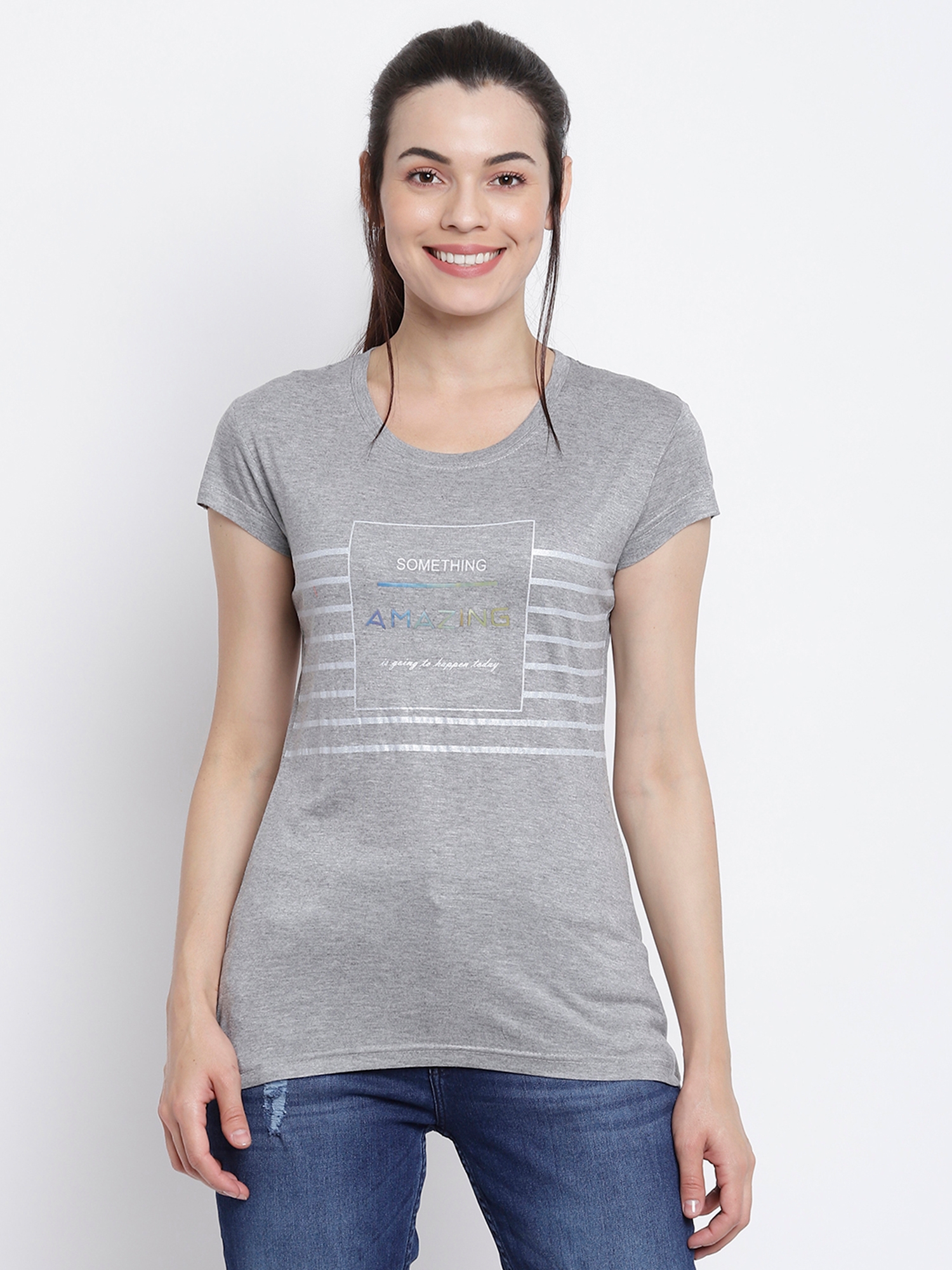 Her Grace | Her Grace Women Grey Printed Round Neck Tops