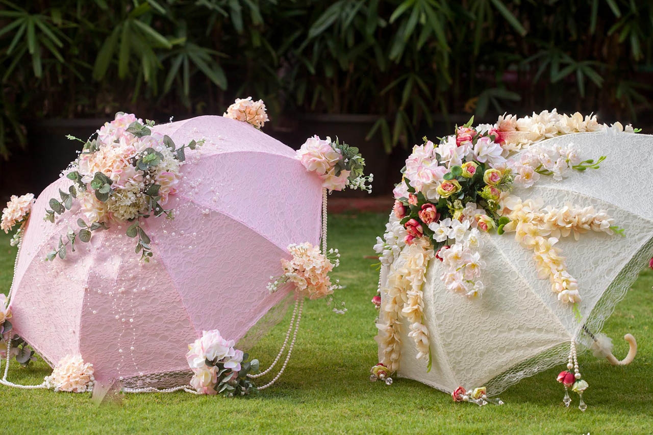 Artificial Floral Lace Umbrella with Pearl Hanging