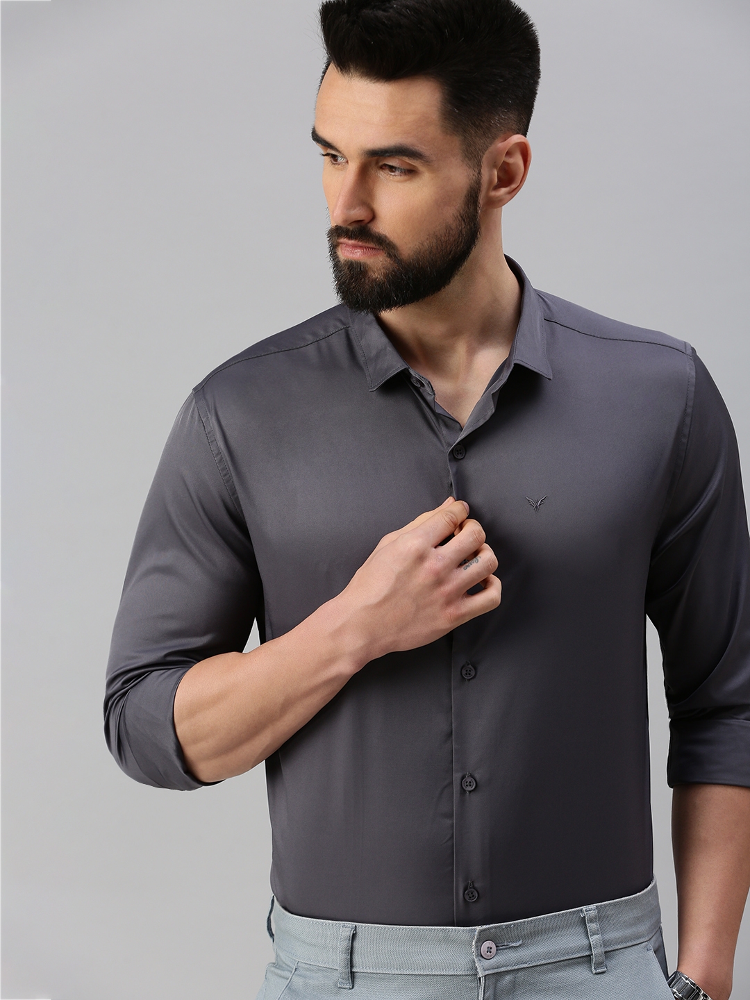 Showoff | SHOWOFF Men's Roll-Up Sleeves Charcoal Solid Shirts