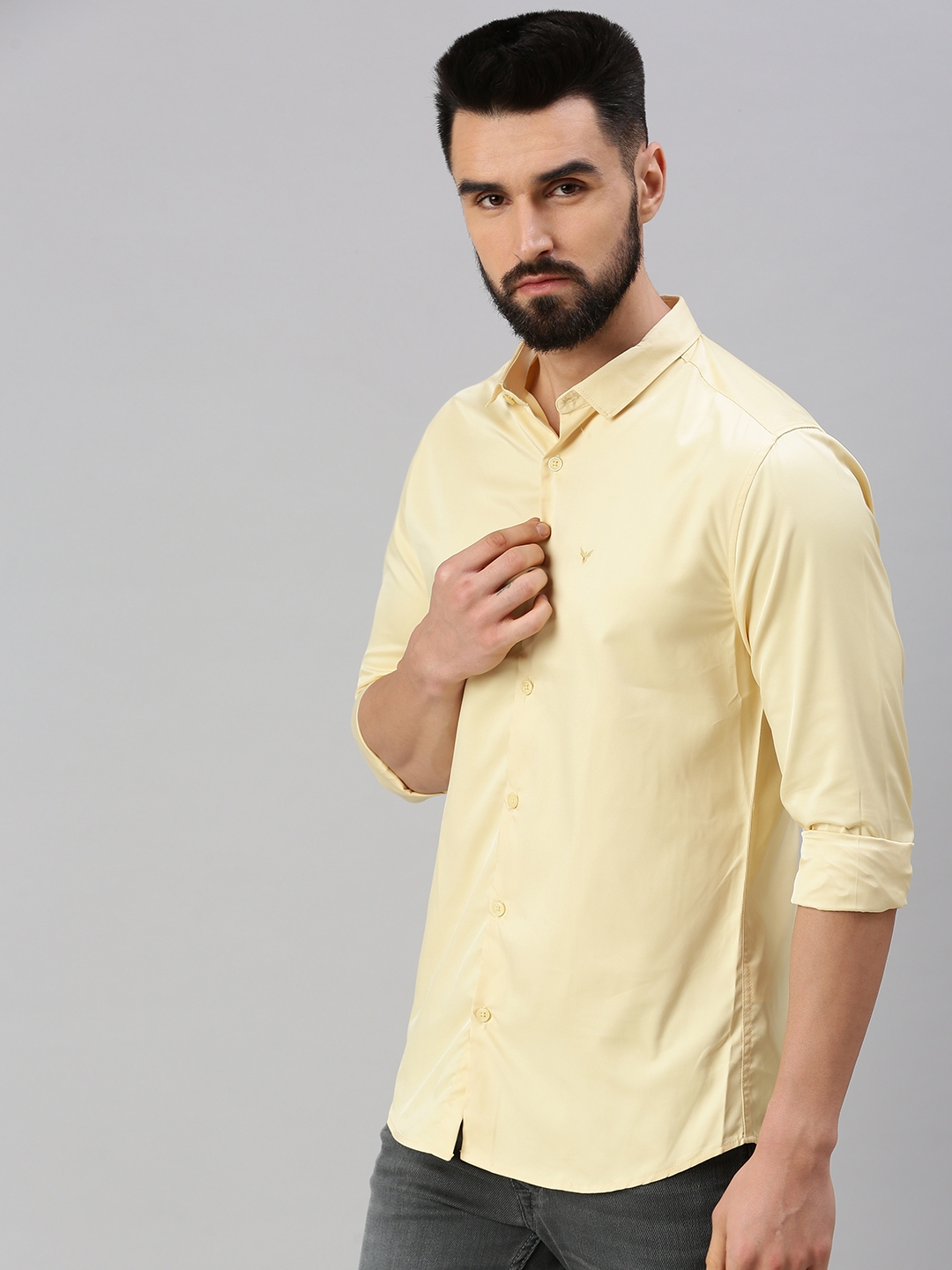 Men's Yellow Satin Solid Casual Shirts