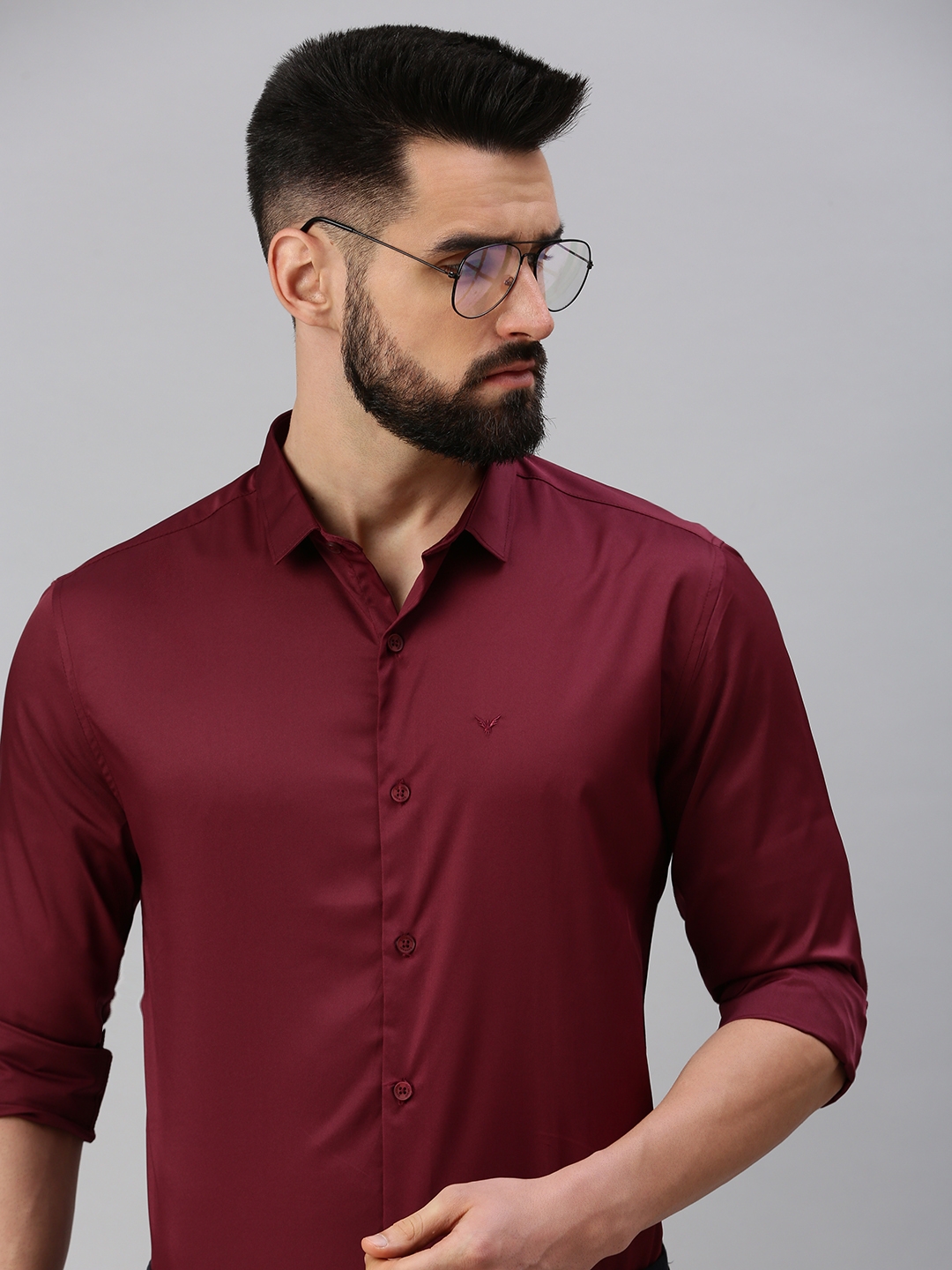 Showoff | SHOWOFF Men's Roll-Up Sleeves Burgundy Solid Shirts
