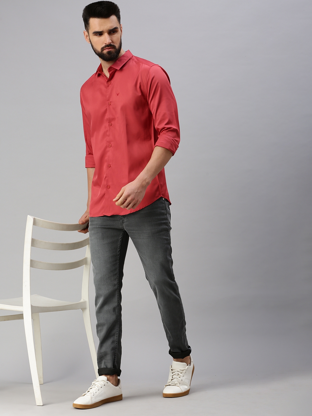 Men's Red Satin Solid Casual Shirts
