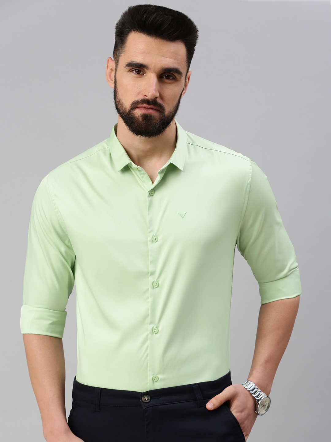 Men's Green Satin Solid Casual Shirts