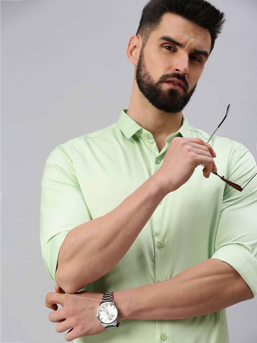 Showoff | SHOWOFF Men's Roll-Up Sleeves Green Solid Shirts