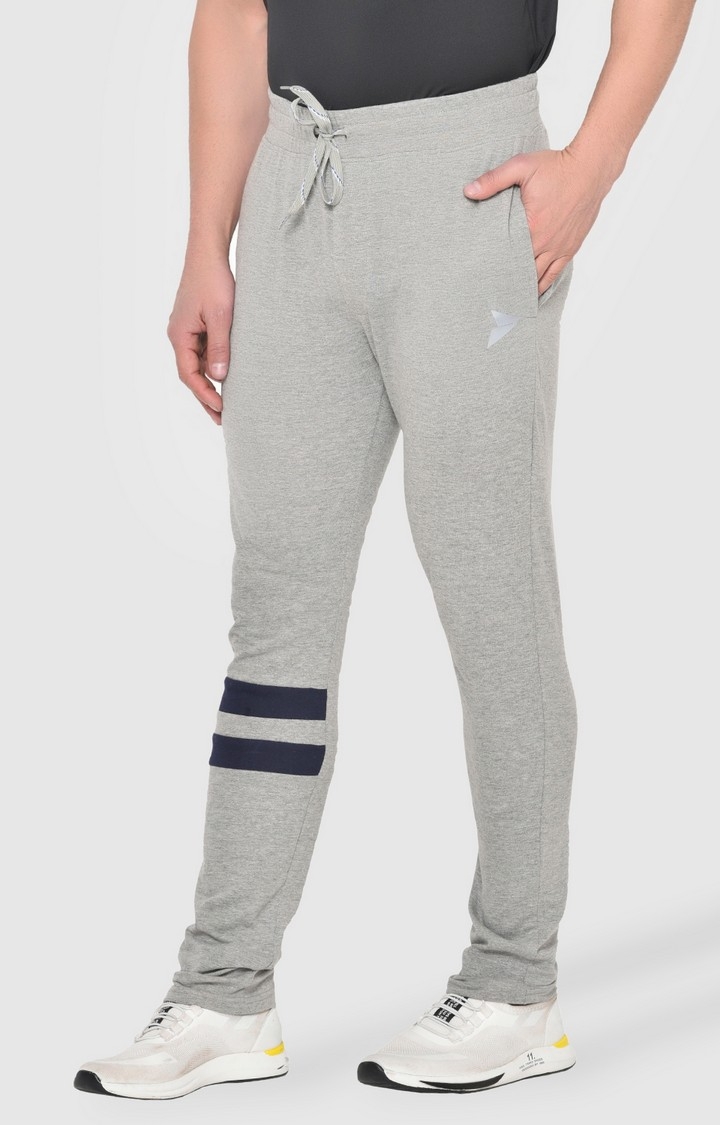 Fitinc Cotton Grey Track Pant with Two Stripes Design on Knee & Zipper Pockets
