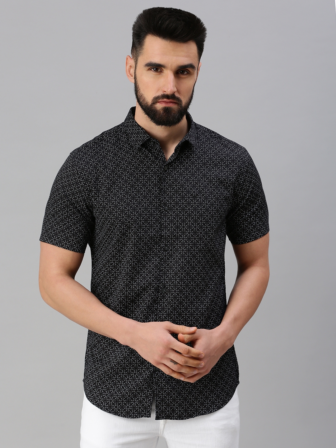 Men's Black Cotton Printed Casual Shirts