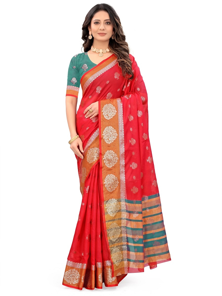 AWRIYA | AWRIYA Presents HEER red colour saree with woven work on blended_cotton fabric zari_woven designer banarasi-sarees with Blouse piece
