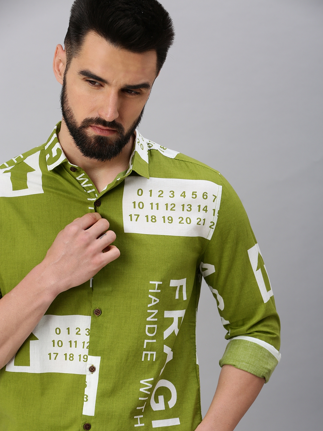 Showoff | SHOWOFF Men's Regular Sleeves Typography Olive Shirt