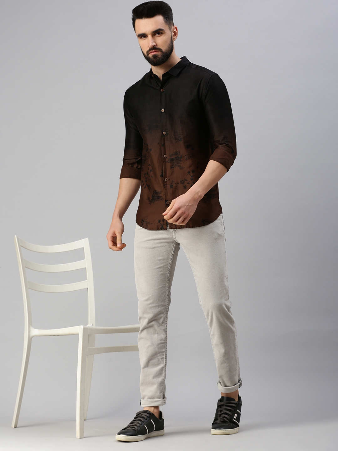 SHOWOFF Men's Regular Sleeves Abstract Coffee Brown Shirt