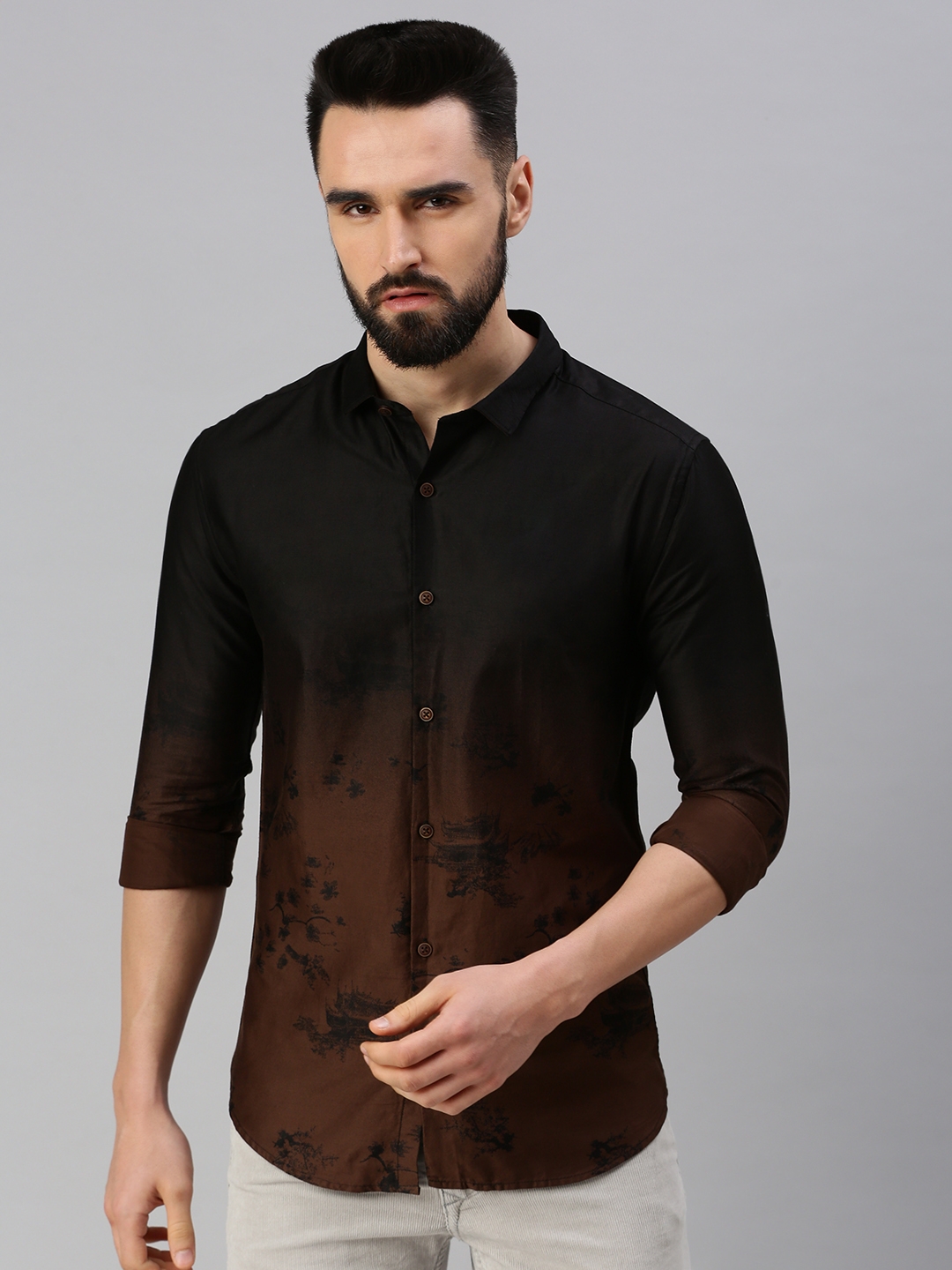 SHOWOFF Men's Regular Sleeves Abstract Coffee Brown Shirt