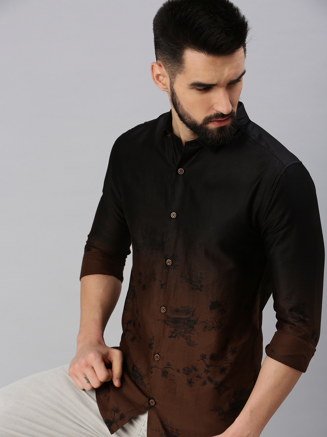 Showoff | SHOWOFF Men's Regular Sleeves Abstract Coffee Brown Shirt