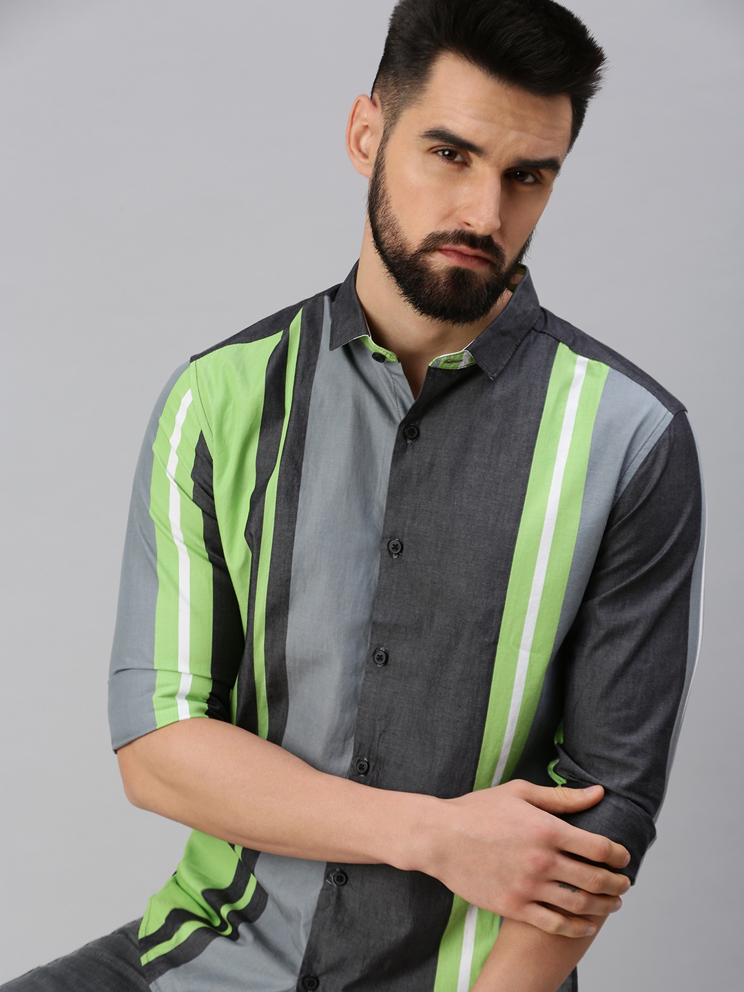 Showoff | SHOWOFF Men's Regular Sleeves Vertical Stripes Grey Shirt