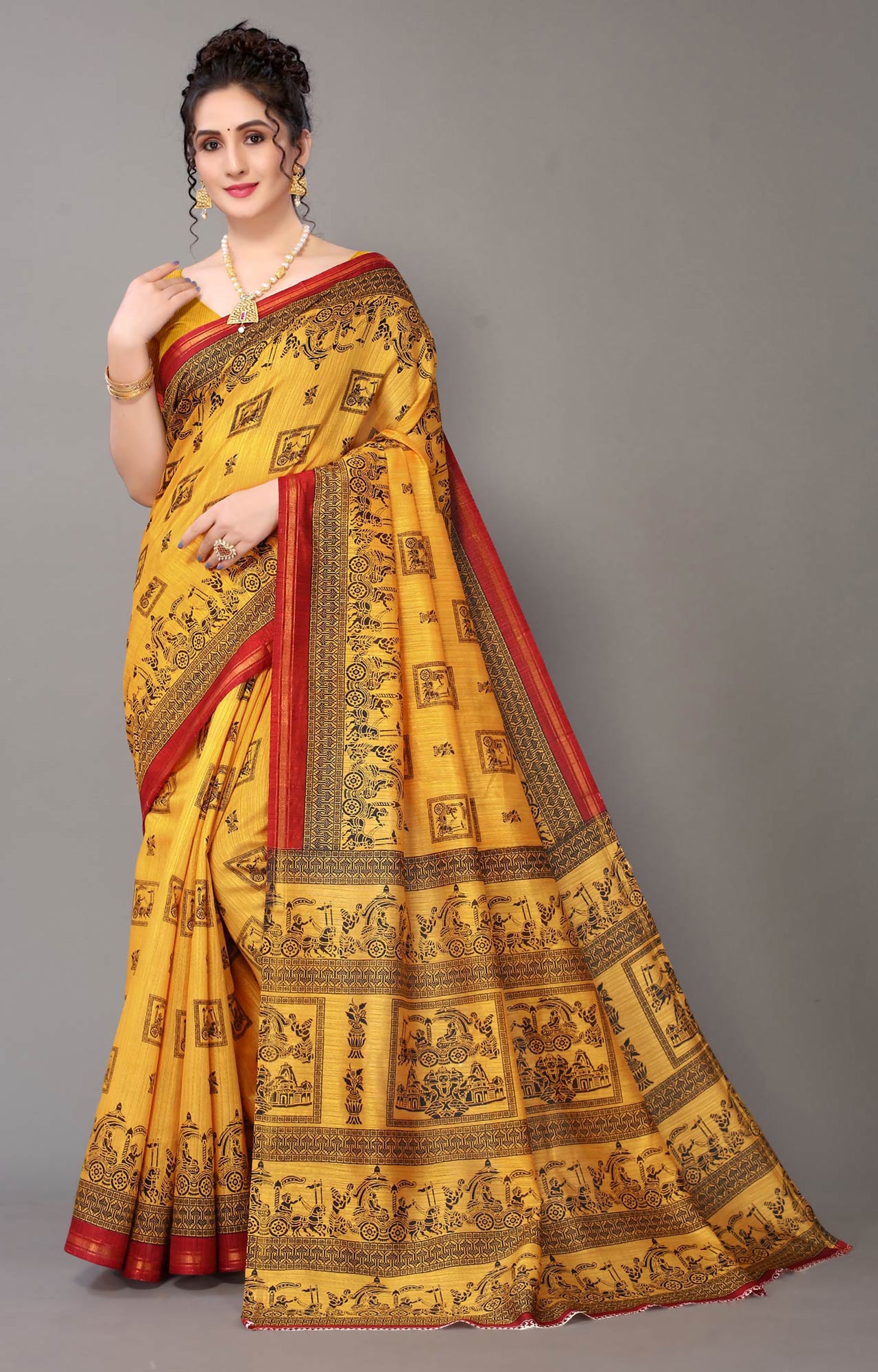 SHAILY RETAILS | Women Daily Wear Yellow Traditional Printed Art Silk Saree - HAL29ART00113YELW