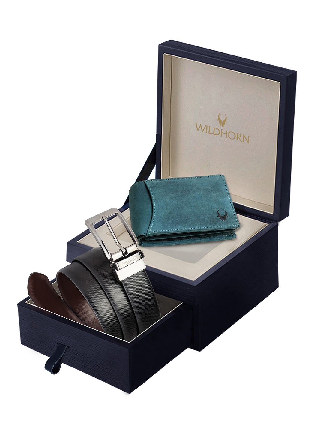 WildHorn | WildHorn Formal Black Reversible Leather Belt & Blue Wallet Combo Gift Hamper for Men