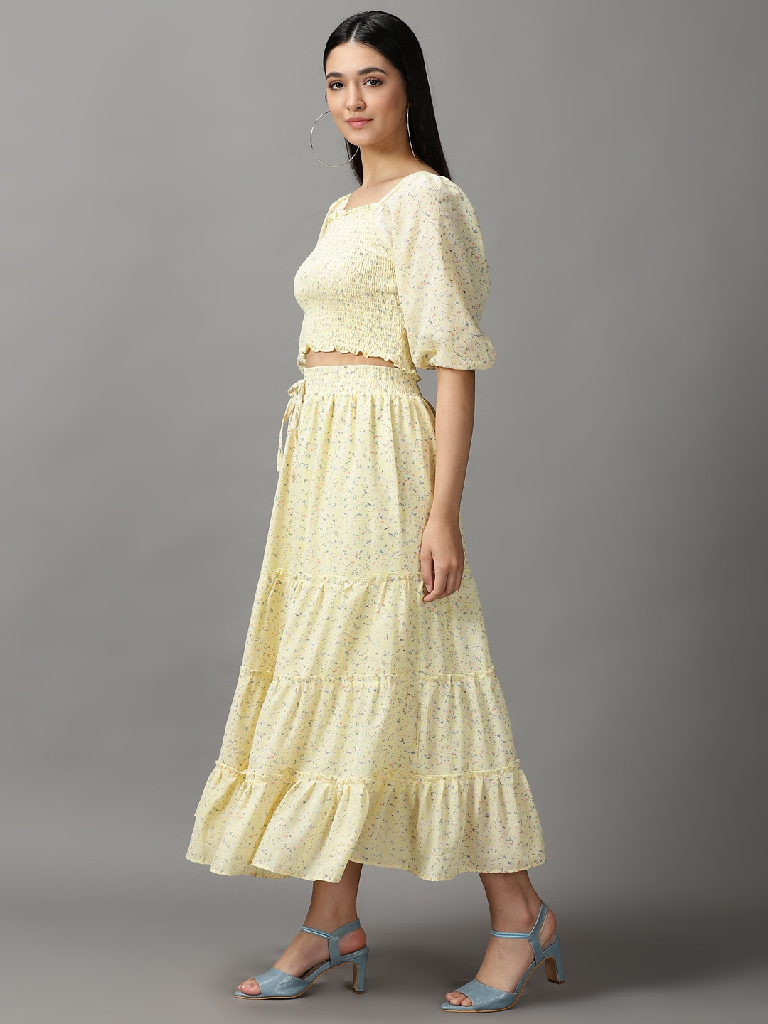 Women's Yellow Polyester Printed Co-ords