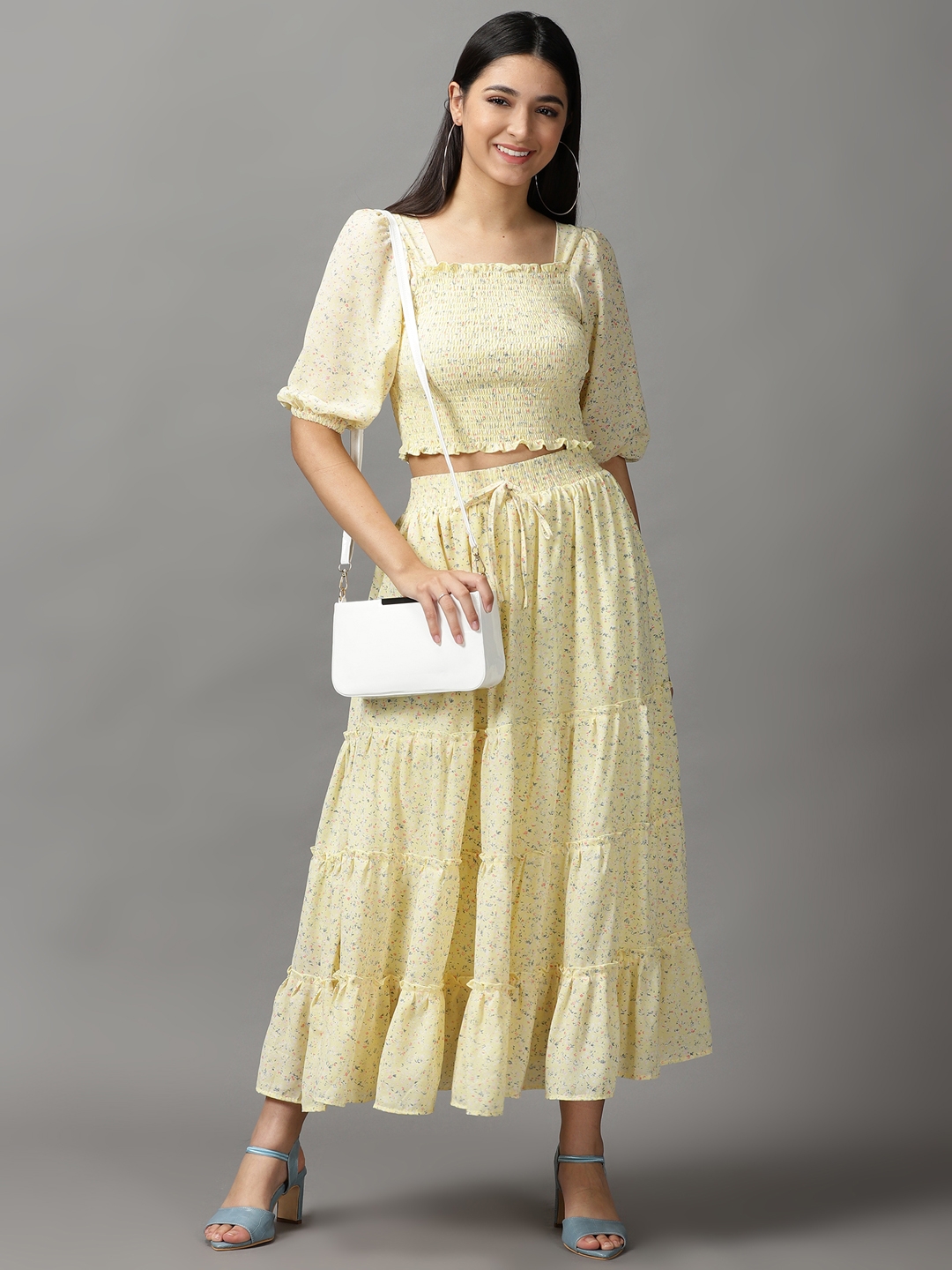 Women's Yellow Polyester Printed Co-ords