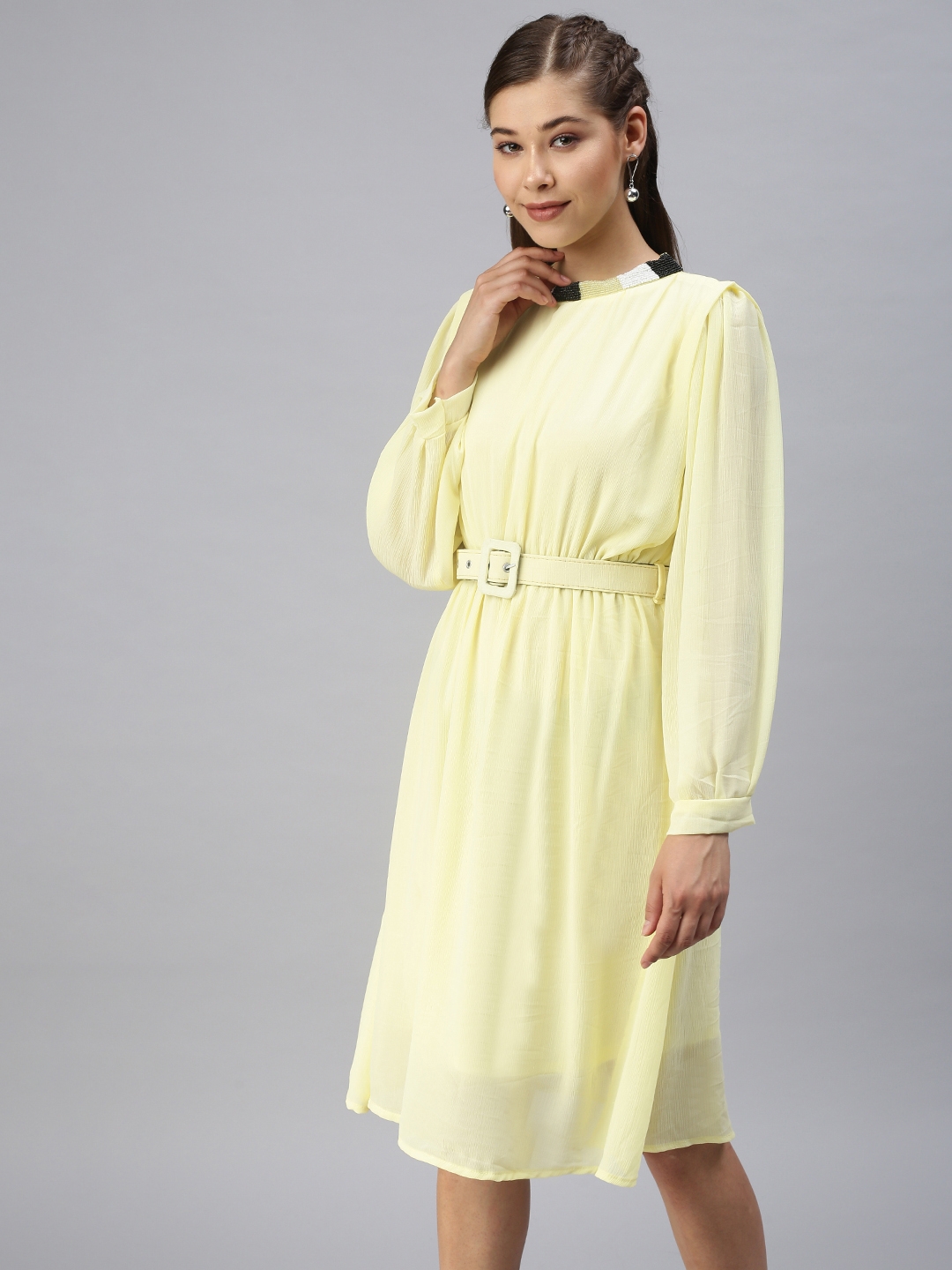 Women's Yellow Georgette Solid Dresses
