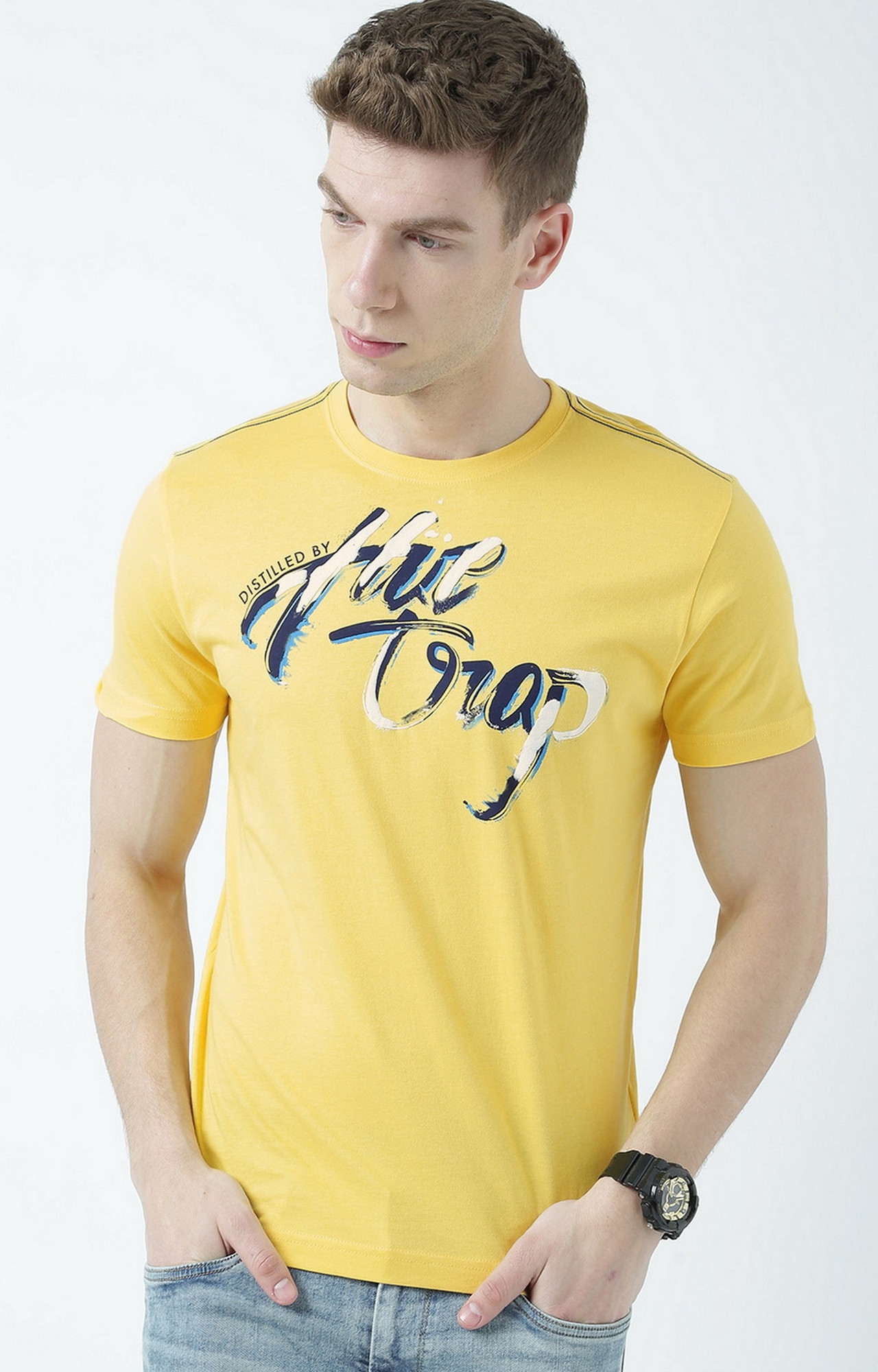 Yellow Smart And Simple Look Round Neck Printed T-Shirt