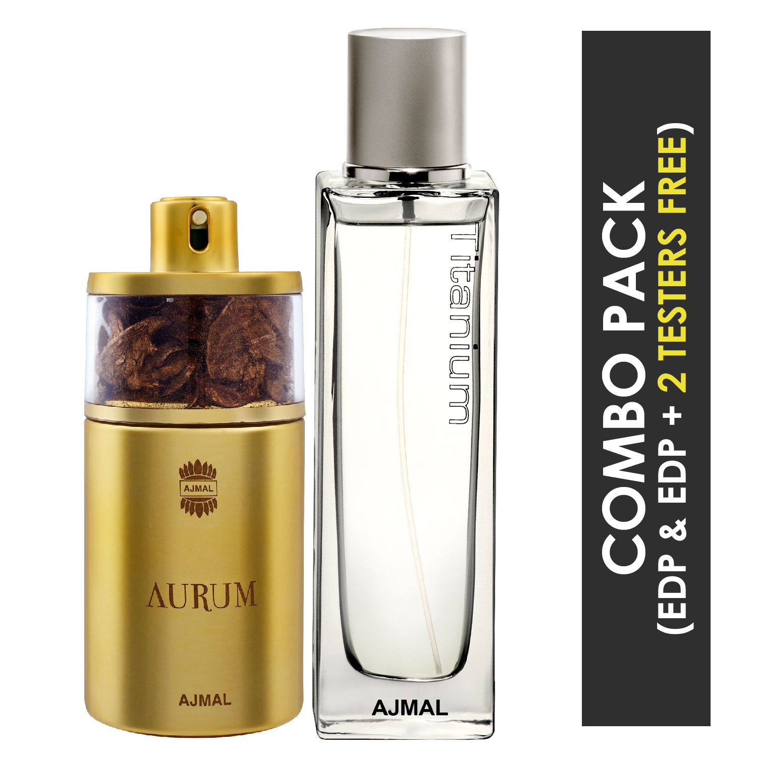 Ajmal | Ajmal Aurum EDP Fruity Floral Perfume 75ml for Women and Titanium EDP Citrus Spicy Perfume 100ml for Men + 2 Parfum Testers FREE