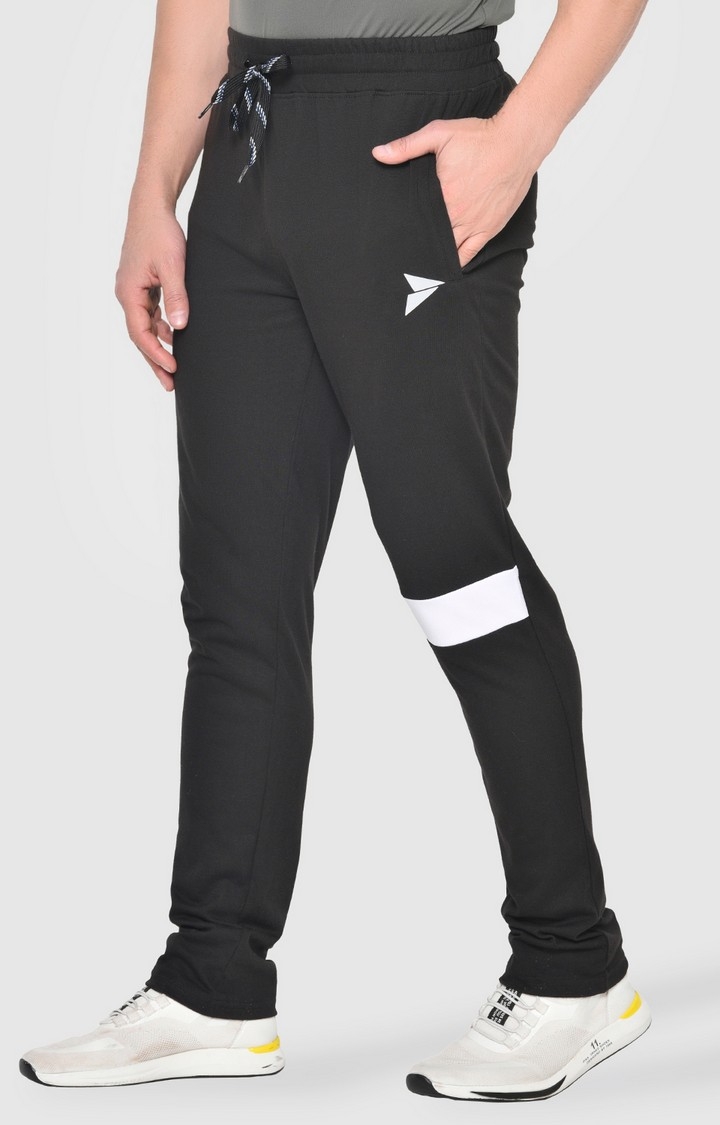 Fitinc | Fitinc Cotton Black Track Pant with White Stripe Knee Design & Zipper Pockets