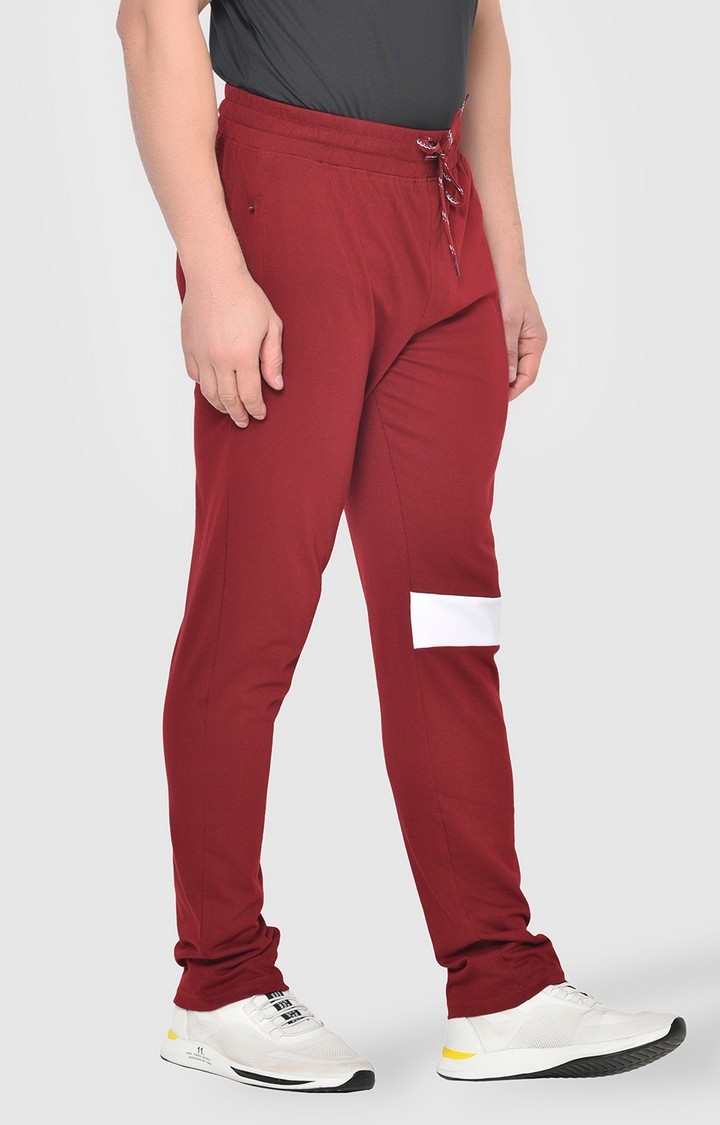 Fitinc Cotton Maroon Track Pant with White Stripe Knee Design & Zipper Pockets