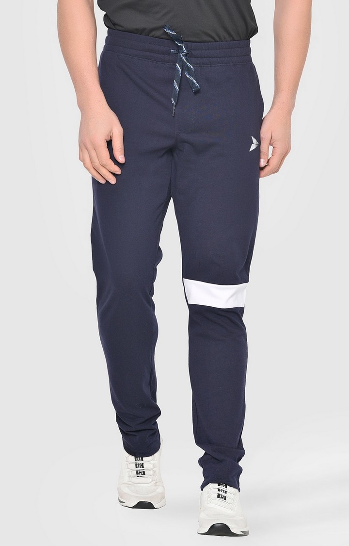 Fitinc Cotton Navy Blue Track Pant with White Stripe Knee Design & Zipper Pockets
