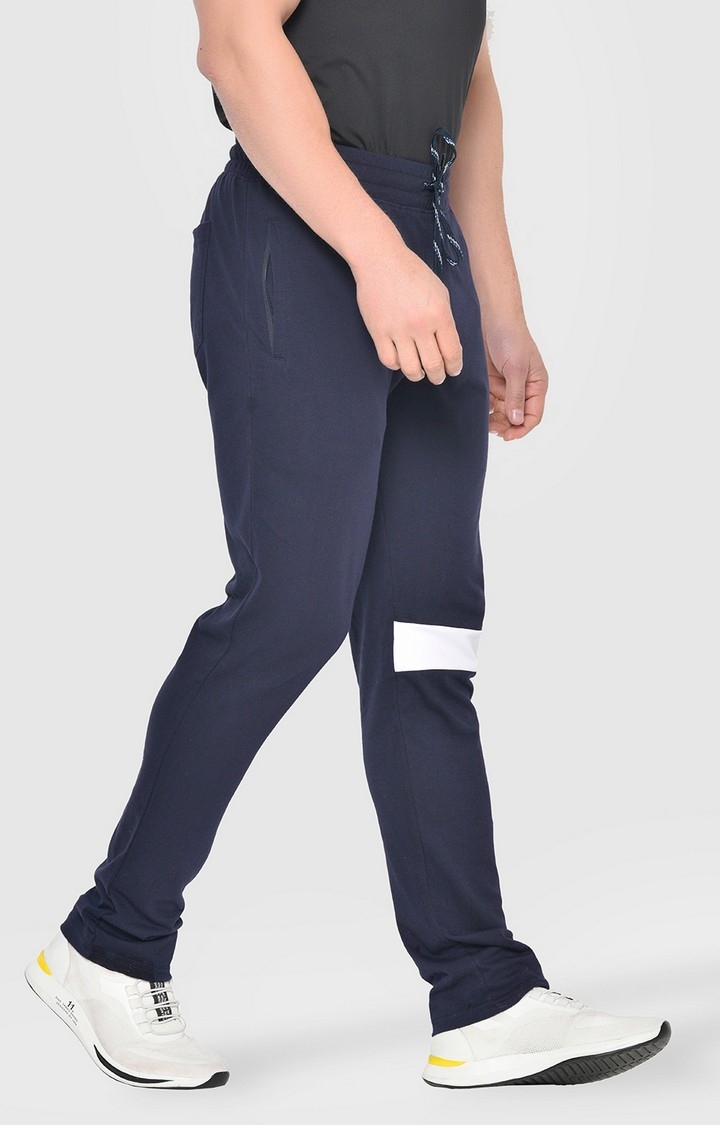 Men's Navy Blue Cotton Blend Solid Trackpant