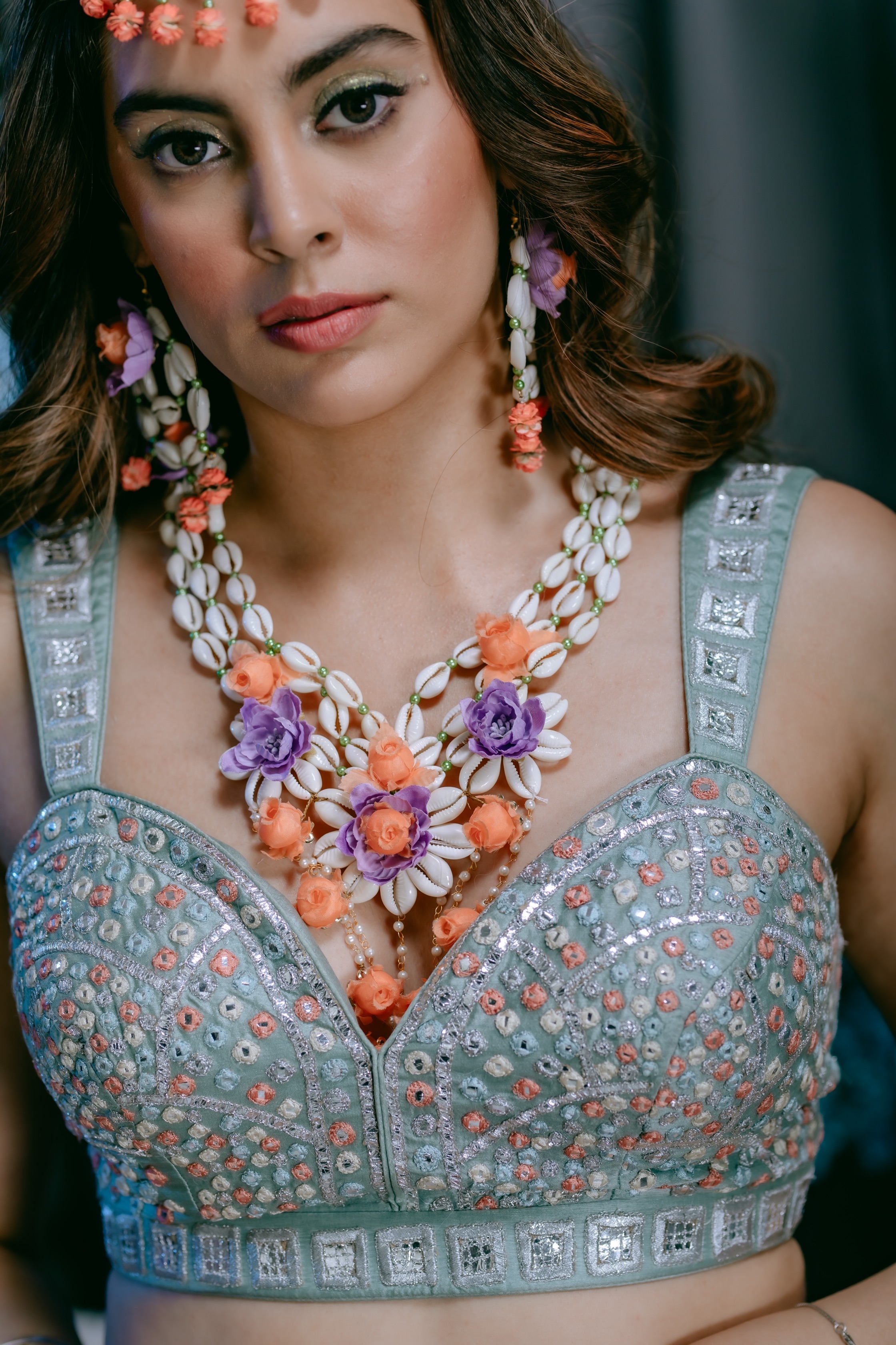 Orange & Purple Floral Shell Work Necklace For Women