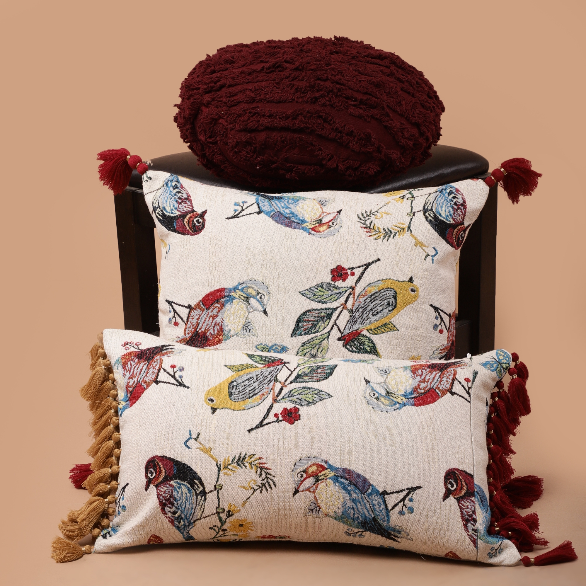 Embroidered Bird Cushion Cover Set ( Pack Of 3 )
