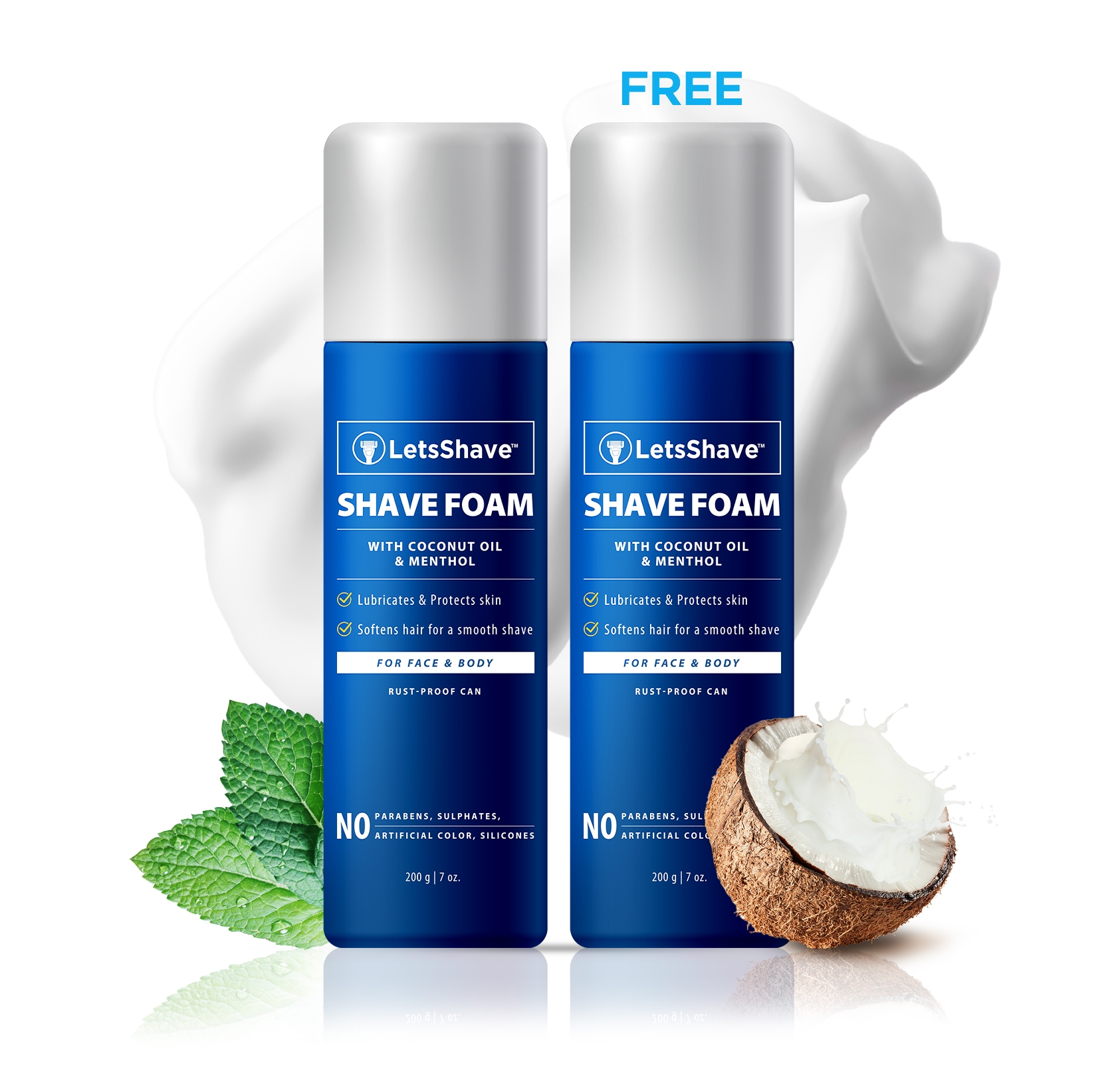 LetsShave | LetsShave Shave Foam - Coconut Oil Enriched - Rust Proof Aluminium Bottle - Paraben and Sulphate Free - 200 g (1 + 1 FREE)