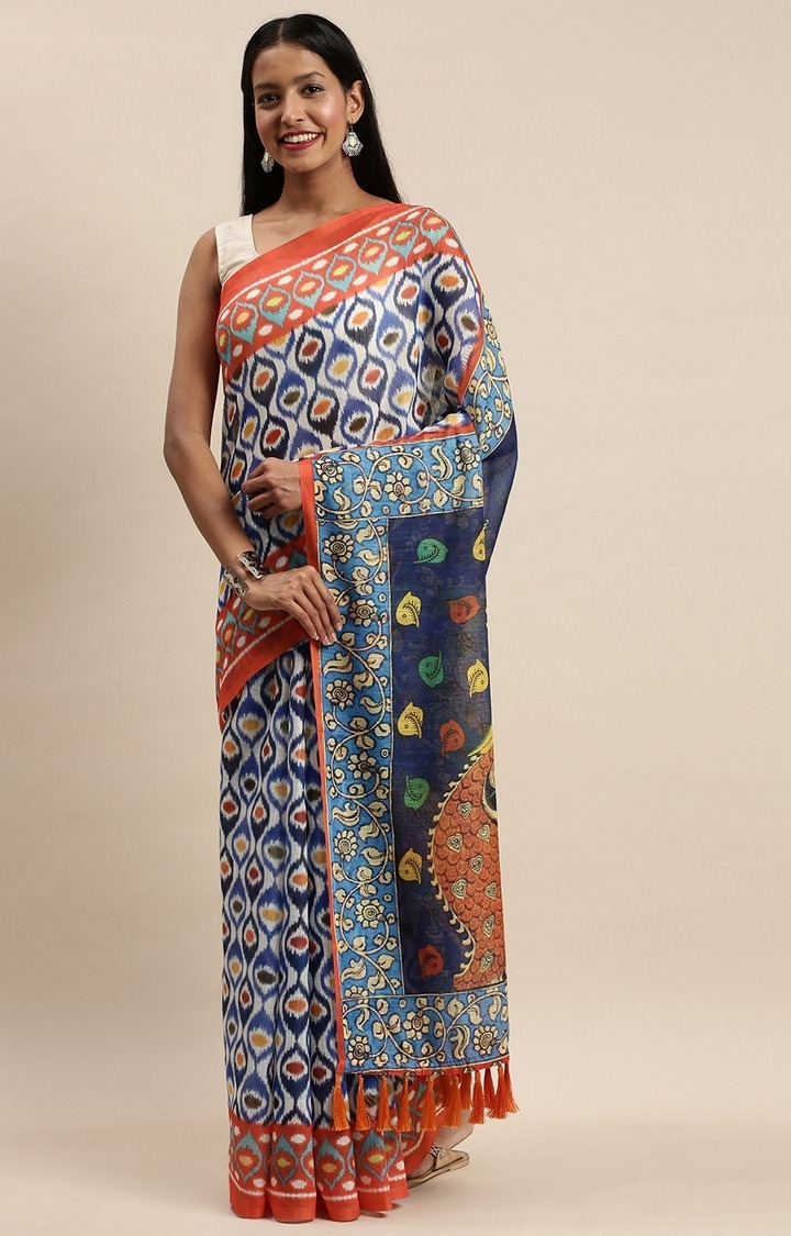 VASTRANAND White & Blue Linen Blend Blend Printed Ikat Saree
