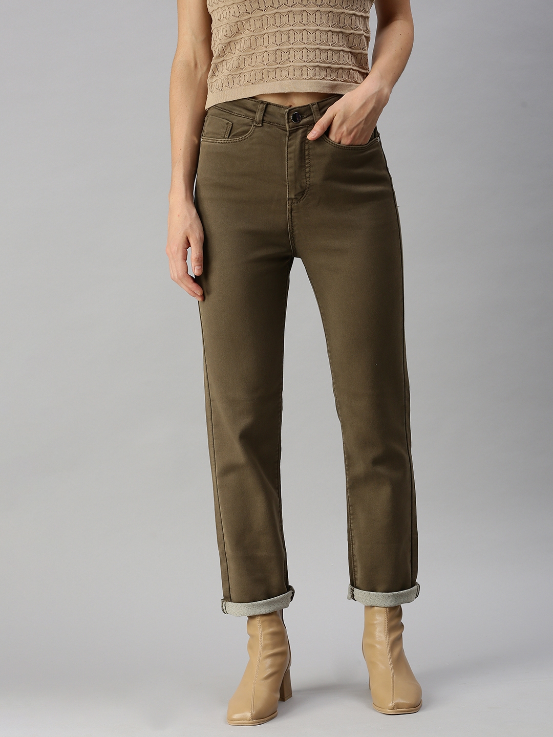 SHOWOFF Women's Clean Look Khaki Straight Fit Denim Jeans