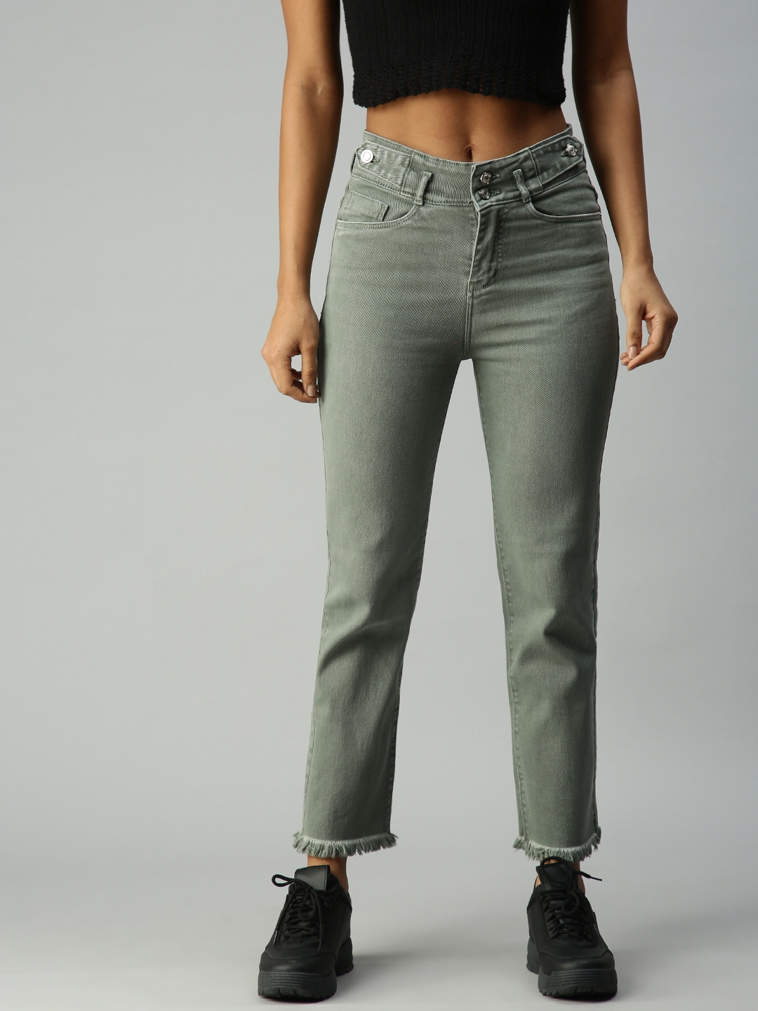 Showoff Women's Straight Fit Clean Look Olive Jeans