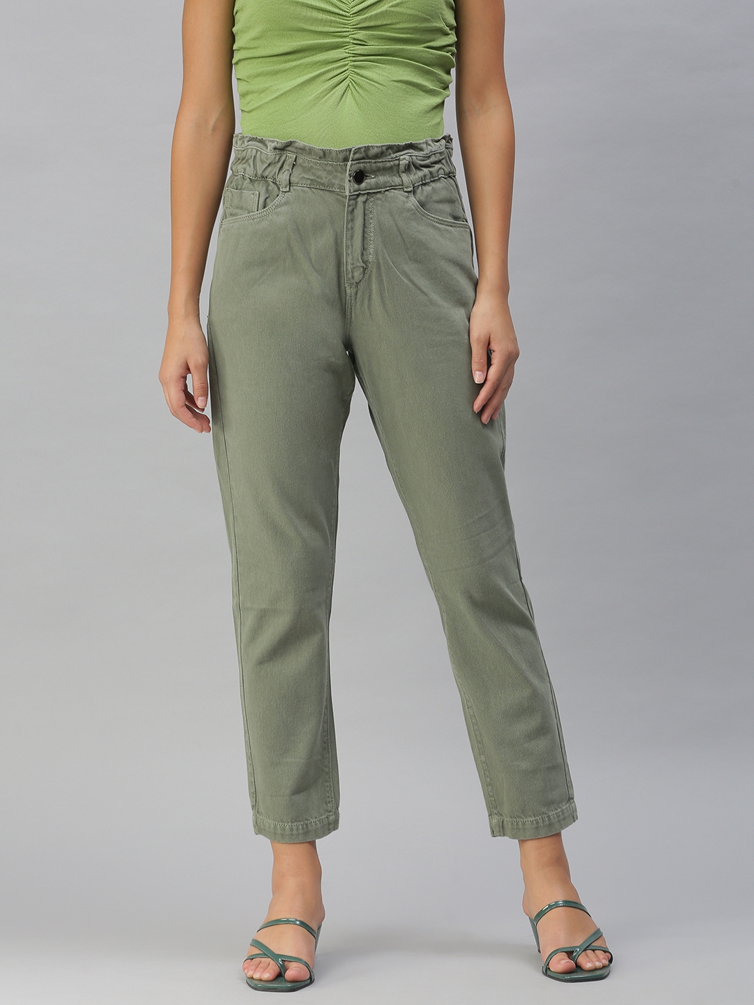SHOWOFF Women's Clean Look Olive Straight Fit Denim Jeans