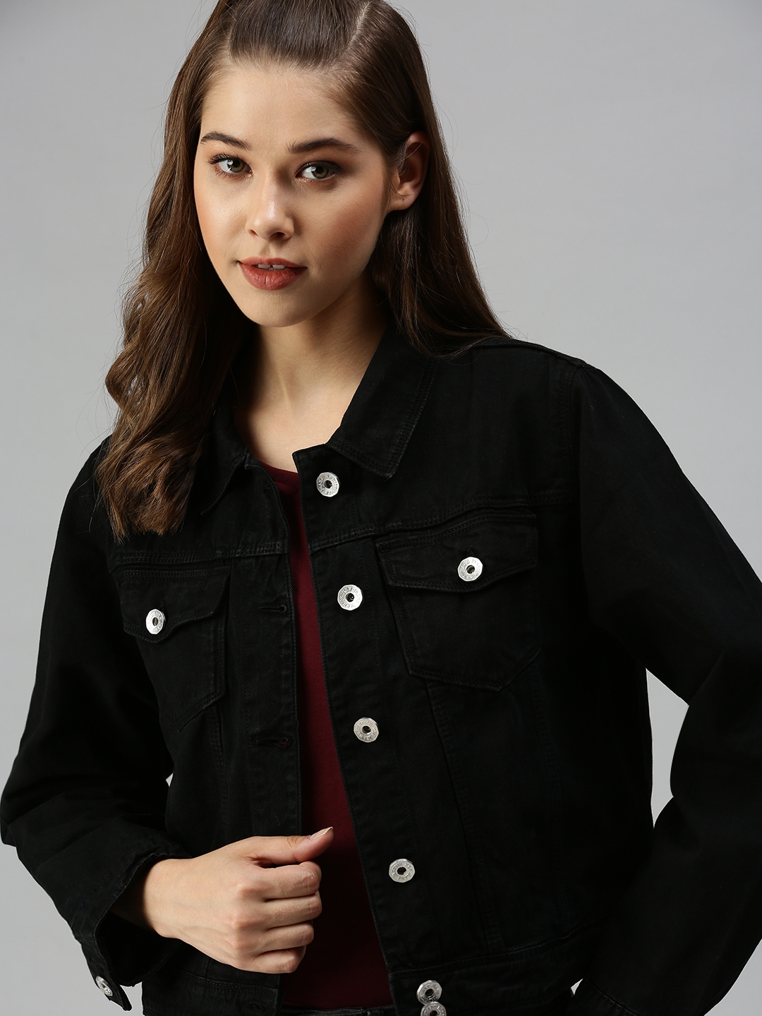 SHOWOFF Women's Spread Collar Long Sleeves Black Solid Jacket
