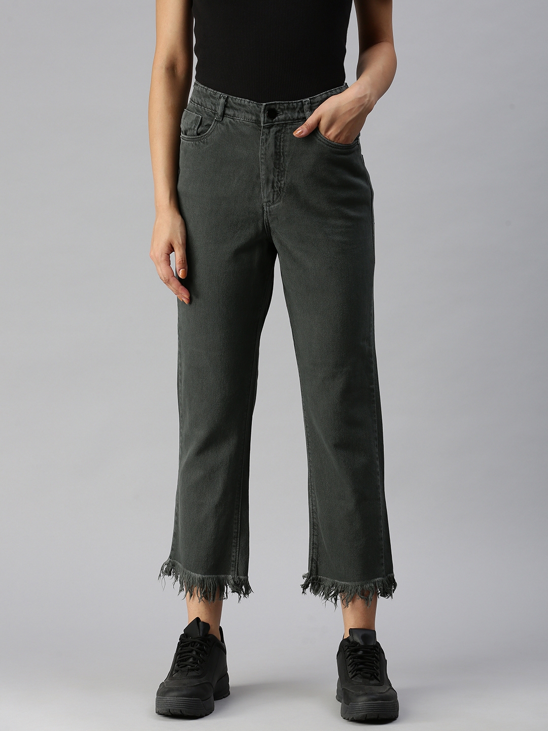 Women's Green Cotton Solid Jeans