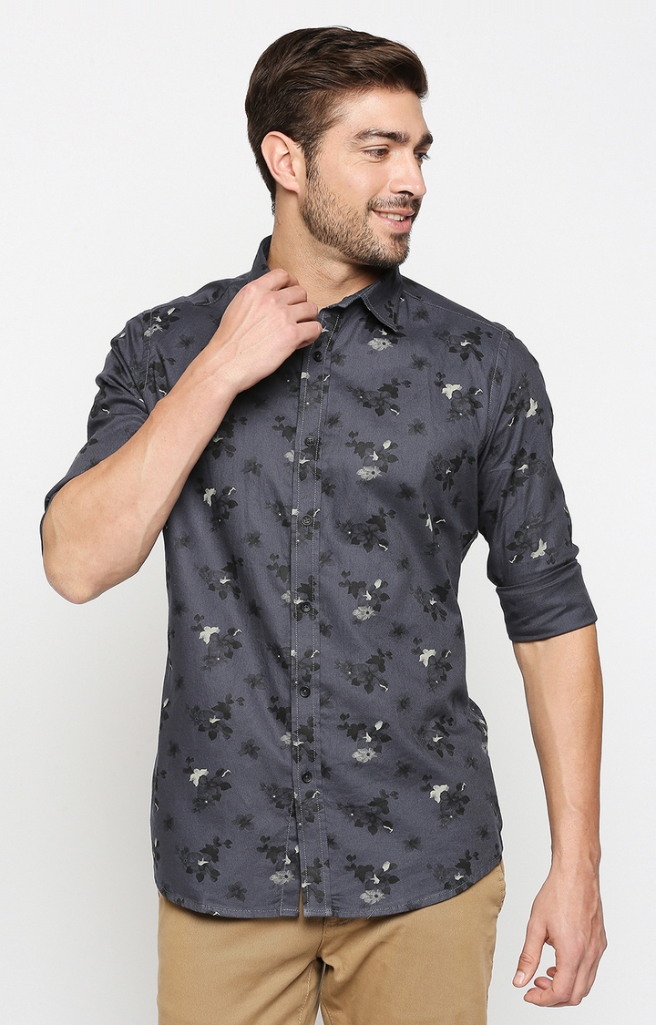 EVOQ Full Sleeves Cotton Indigo Blue Colour Floral Print Semi-Casual Shirt for Men