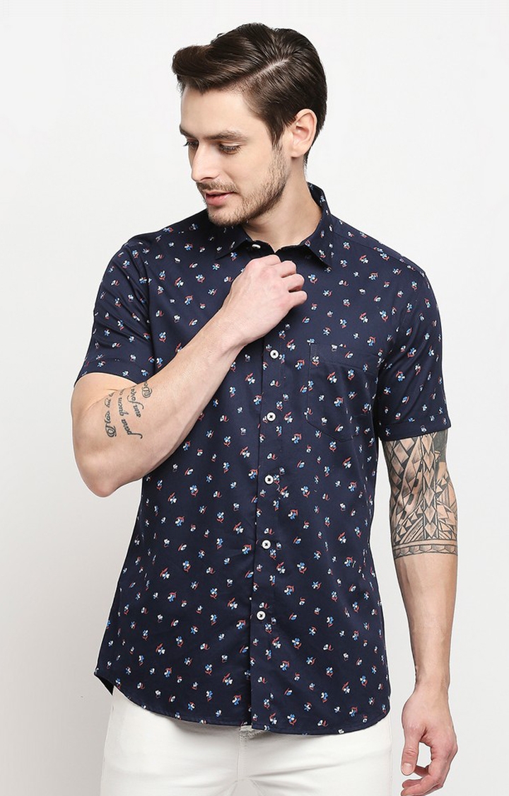 EVOQ | Evoq Navy Blue Regular Fit Printed Cotton Casual Shirt for Men