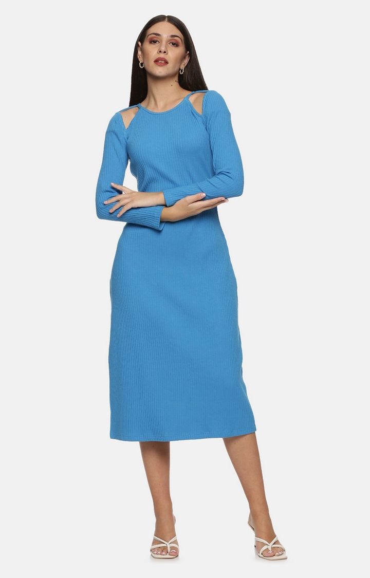 Women's Blue Cotton Solid Bodycon Dress