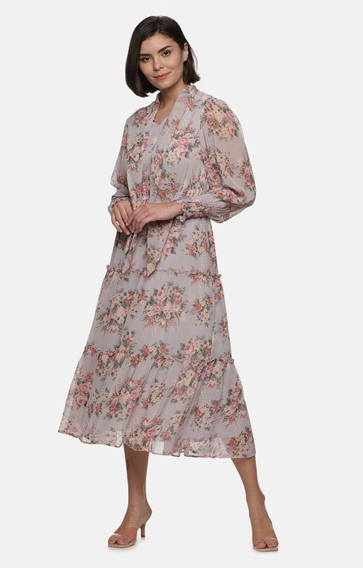 Women's Grey Chiffon Floral Dresses