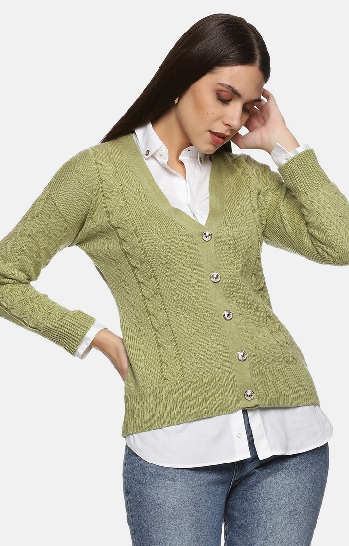 Women's Green Acrylic Solid Sweaters